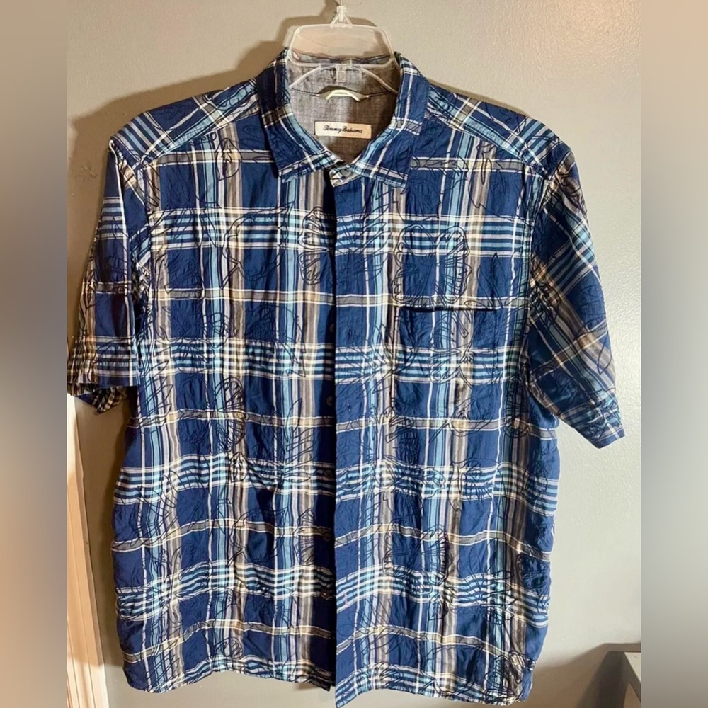 Size L Tommy Bahama Button Up Short Sleeve Plaid Floral Blue Shirt‎